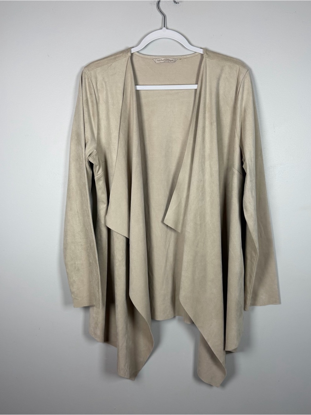 Soft Surroundings Faux Suede Beige Neutral Open Cascade Tan Cardigan Fall Large